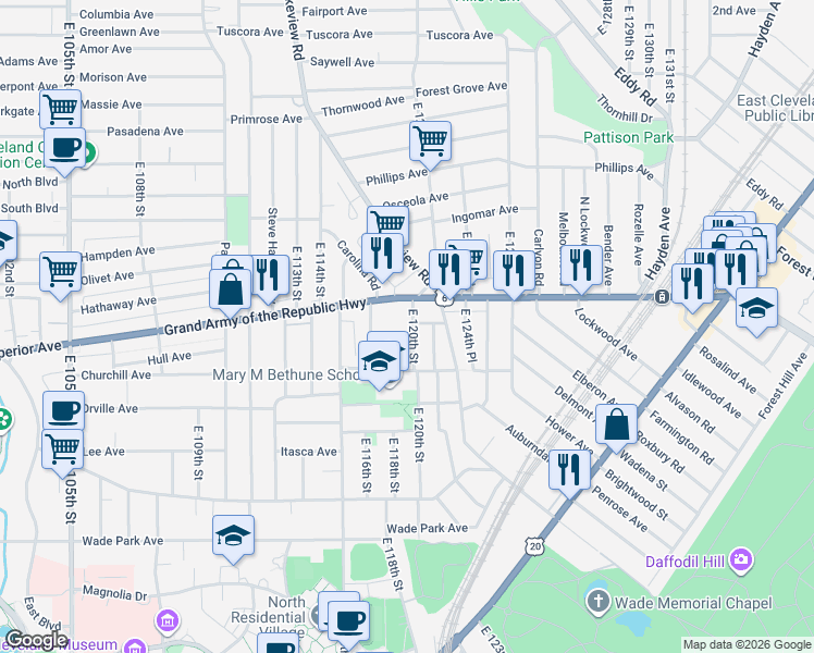 map of restaurants, bars, coffee shops, grocery stores, and more near 1354 East 123rd Street in Cleveland