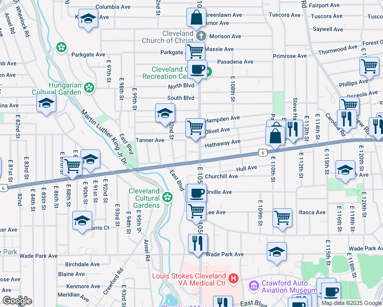 map of restaurants, bars, coffee shops, grocery stores, and more near 10217 Superior Avenue in Cleveland