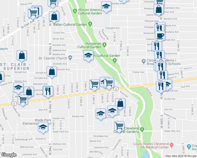 map of restaurants, bars, coffee shops, grocery stores, and more near 1267 East 89th Street in Cleveland