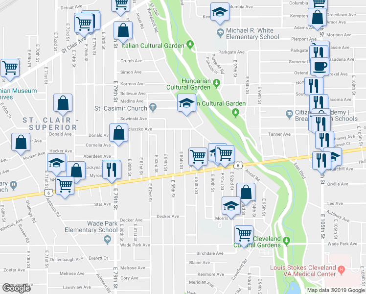 map of restaurants, bars, coffee shops, grocery stores, and more near 1238 East 87th Street in Cleveland