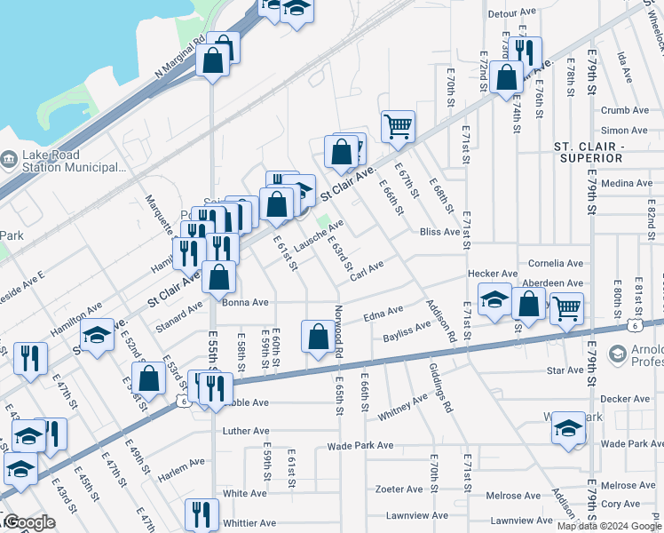 map of restaurants, bars, coffee shops, grocery stores, and more near 1180 Norwood Road in Cleveland