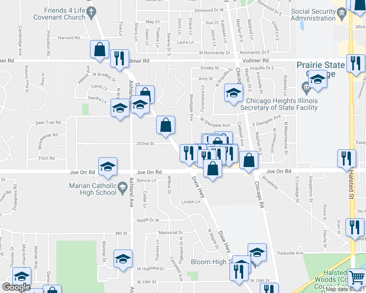 map of restaurants, bars, coffee shops, grocery stores, and more near 534 Dixie Highway in Chicago Heights