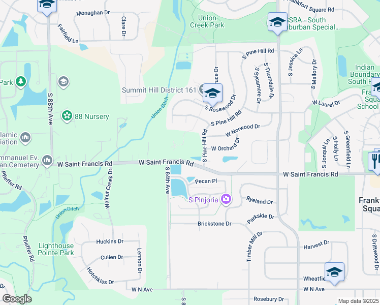 map of restaurants, bars, coffee shops, grocery stores, and more near 20335 Rainford Drive in Frankfort