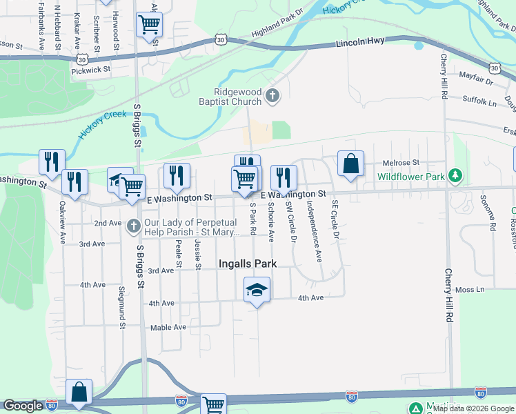 map of restaurants, bars, coffee shops, grocery stores, and more near 119 Schorie Avenue in Joliet