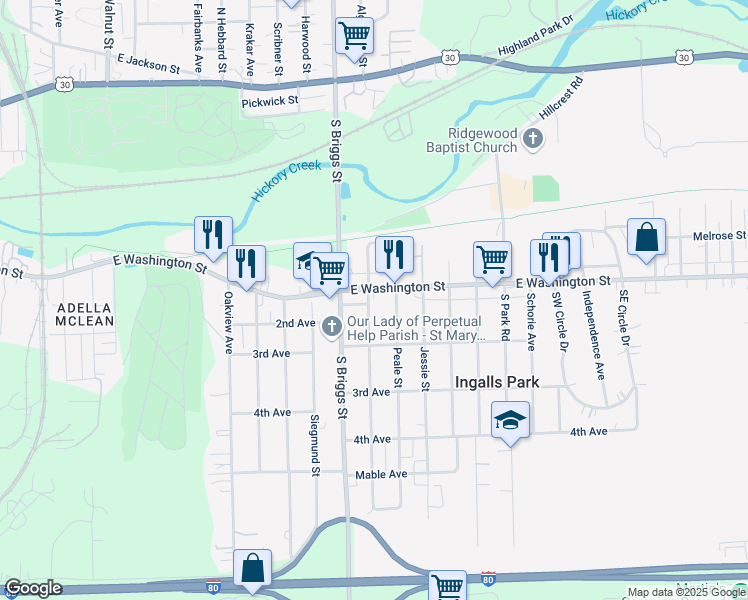 map of restaurants, bars, coffee shops, grocery stores, and more near 121 Peale Street in Joliet