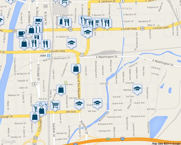 map of restaurants, bars, coffee shops, grocery stores, and more near 114 Union Street in Joliet