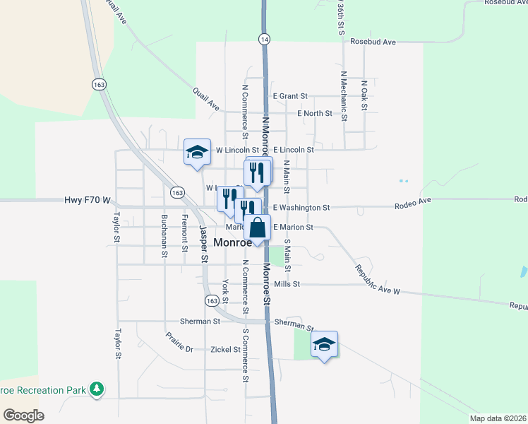 map of restaurants, bars, coffee shops, grocery stores, and more near in Monroe