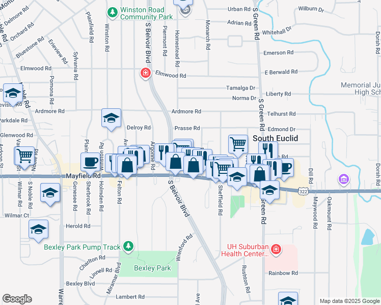 map of restaurants, bars, coffee shops, grocery stores, and more near 1408 Francis Court in South Euclid
