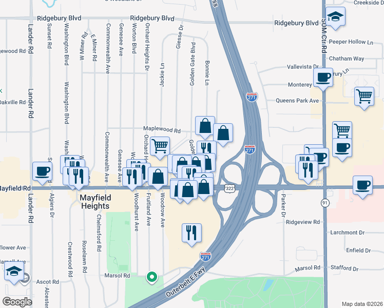 map of restaurants, bars, coffee shops, grocery stores, and more near 1420 Golden Gate Boulevard in Mayfield Heights