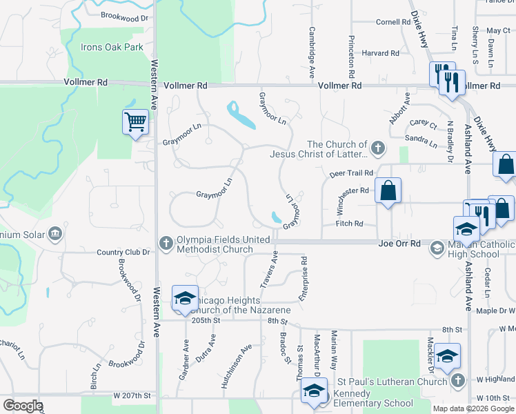 map of restaurants, bars, coffee shops, grocery stores, and more near 52 Graymoor Lane in Olympia Fields