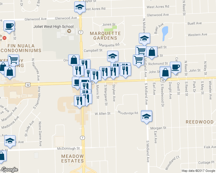 map of restaurants, bars, coffee shops, grocery stores, and more near 4 South Margaret Street in Joliet
