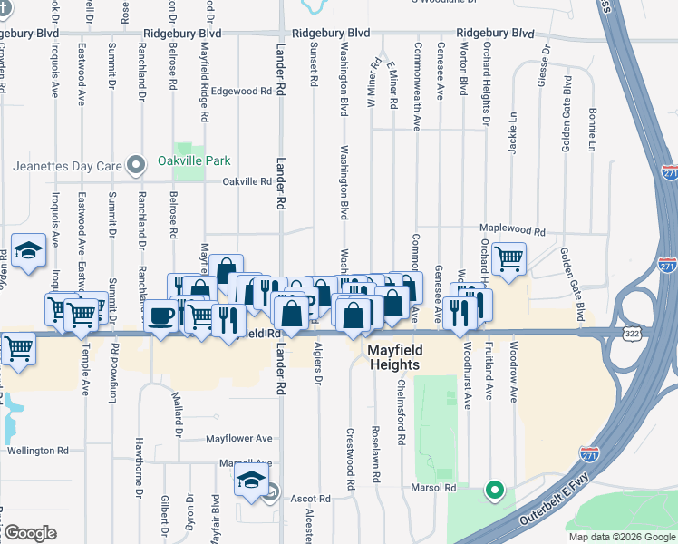 map of restaurants, bars, coffee shops, grocery stores, and more near 1434 Washington Boulevard in Mayfield Heights