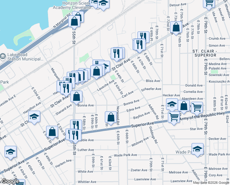 map of restaurants, bars, coffee shops, grocery stores, and more near 1180 Norwood Road in Cleveland