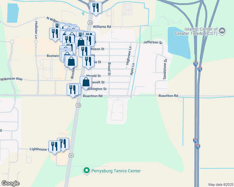 map of restaurants, bars, coffee shops, grocery stores, and more near 12341 Waterstone Lane in Perrysburg