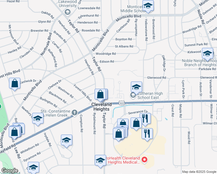 map of restaurants, bars, coffee shops, grocery stores, and more near 2501 North Taylor Road in Cleveland Heights