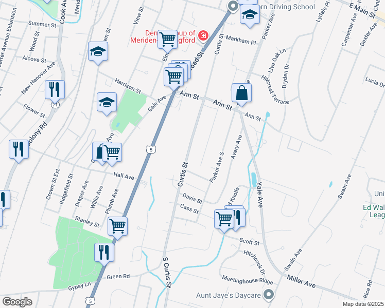 map of restaurants, bars, coffee shops, grocery stores, and more near 6 Brookdale Road in Meriden