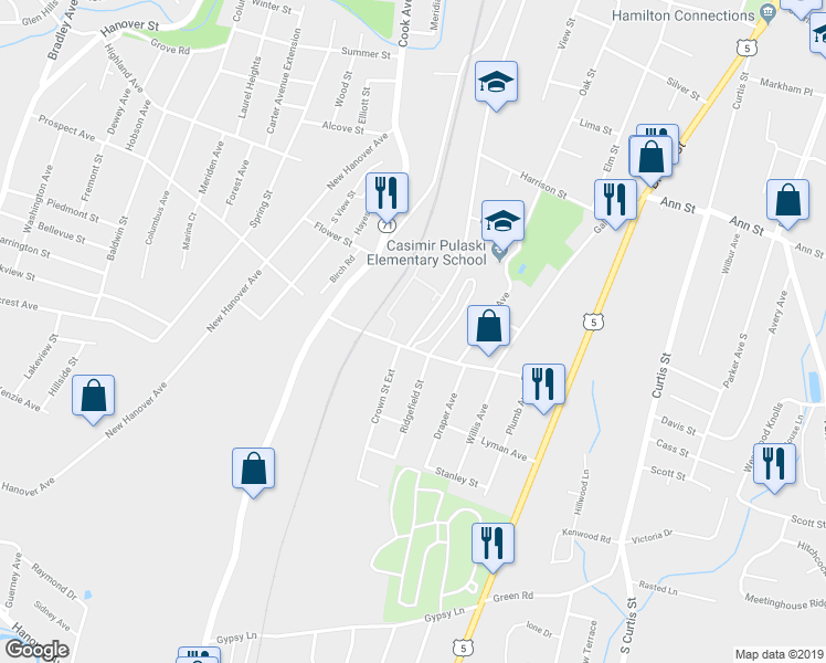 map of restaurants, bars, coffee shops, grocery stores, and more near 581 Crown Street in Meriden