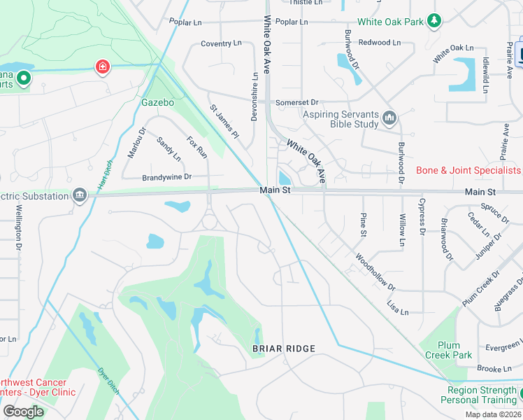 map of restaurants, bars, coffee shops, grocery stores, and more near 1545 Gleneagles Drive in Schererville