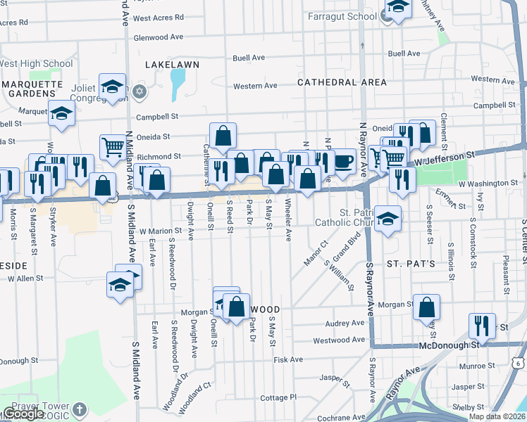 map of restaurants, bars, coffee shops, grocery stores, and more near in Joliet