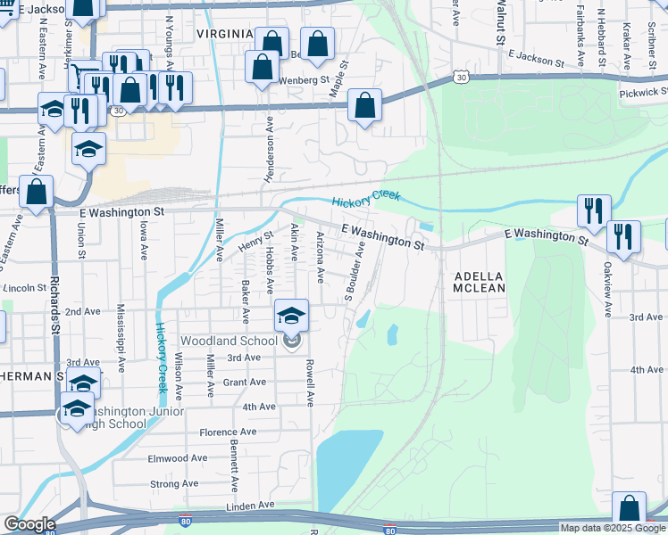 map of restaurants, bars, coffee shops, grocery stores, and more near 803 1st Avenue in Joliet