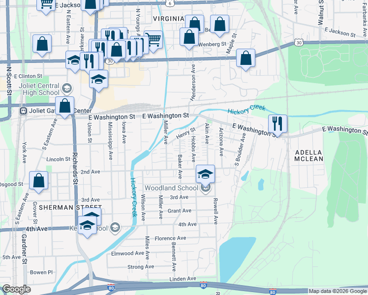 map of restaurants, bars, coffee shops, grocery stores, and more near 652 Henry Street in Joliet