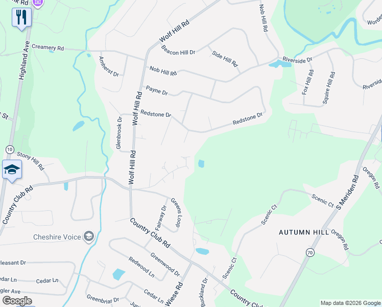 map of restaurants, bars, coffee shops, grocery stores, and more near 940 Knollwood Circle in Cheshire