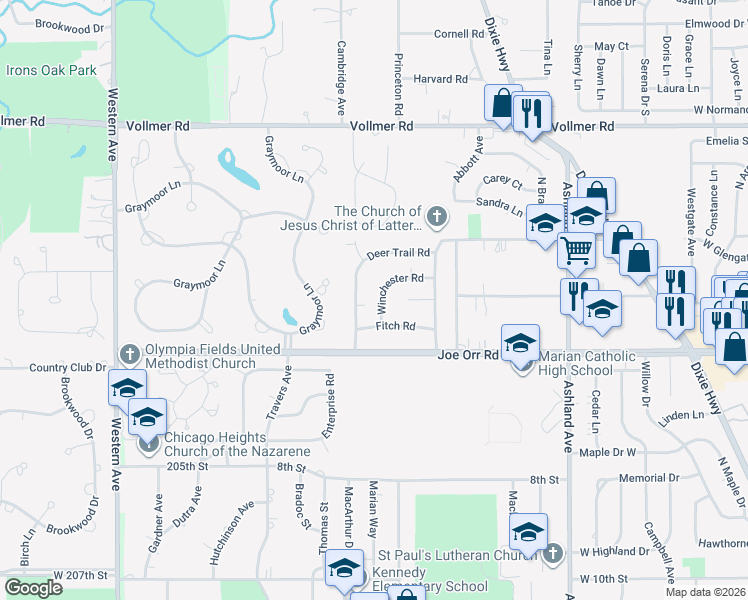 map of restaurants, bars, coffee shops, grocery stores, and more near 511 Winchester Road in Chicago Heights
