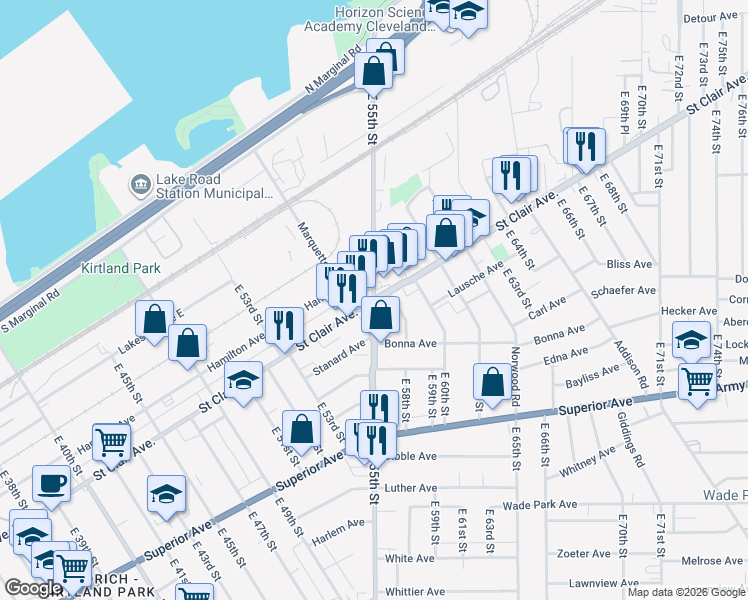 map of restaurants, bars, coffee shops, grocery stores, and more near Saint Clair Avenue & East 55th Street in Cleveland