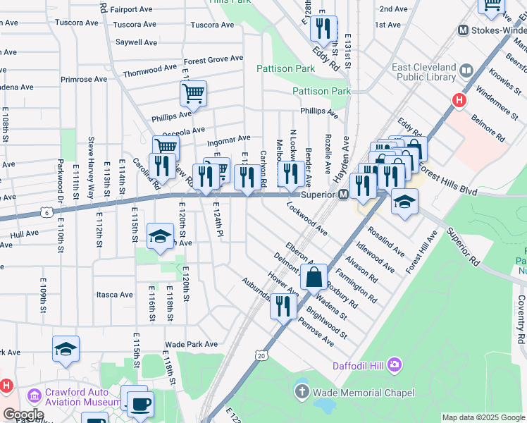 map of restaurants, bars, coffee shops, grocery stores, and more near in East Cleveland