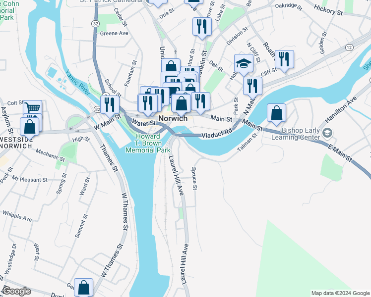 map of restaurants, bars, coffee shops, grocery stores, and more near 12 Summer Street in Norwich