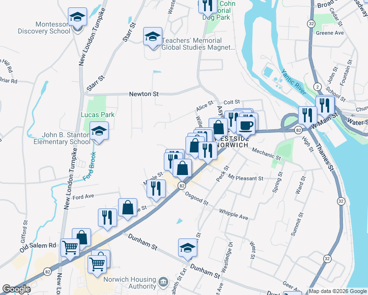 map of restaurants, bars, coffee shops, grocery stores, and more near 11 Willey Street in Norwich
