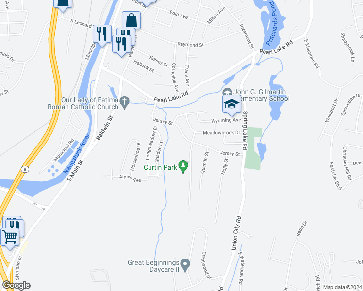 map of restaurants, bars, coffee shops, grocery stores, and more near 136 Jersey Street in Waterbury