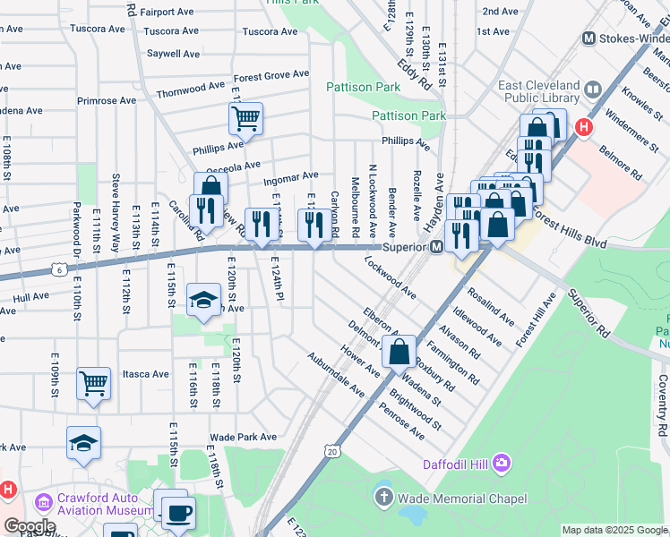 map of restaurants, bars, coffee shops, grocery stores, and more near in East Cleveland