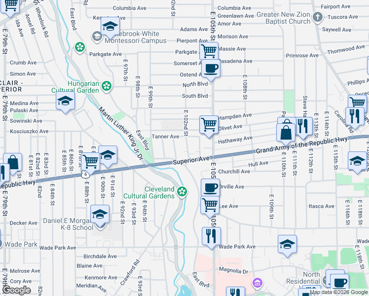 map of restaurants, bars, coffee shops, grocery stores, and more near 1242 East 102nd Street in Cleveland