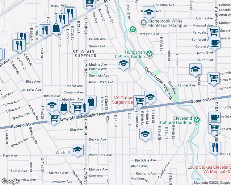 map of restaurants, bars, coffee shops, grocery stores, and more near 1181 East 83rd Street in Cleveland