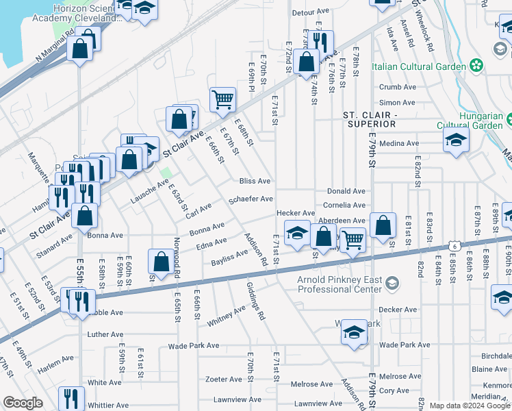 map of restaurants, bars, coffee shops, grocery stores, and more near 6707 Schaefer Avenue in Cleveland