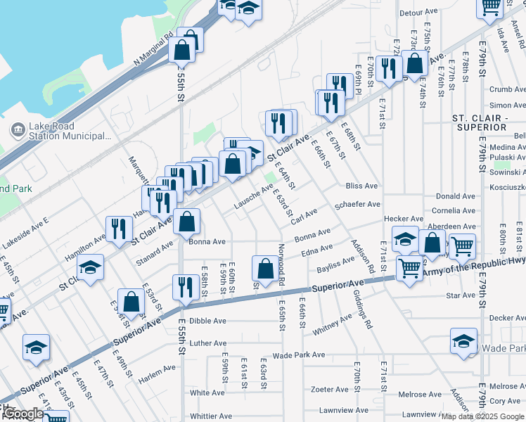 map of restaurants, bars, coffee shops, grocery stores, and more near 1114 East 63rd Street in Cleveland