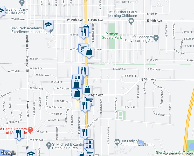 map of restaurants, bars, coffee shops, grocery stores, and more near 102 East 53rd Avenue in Merrillville