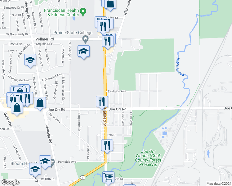 map of restaurants, bars, coffee shops, grocery stores, and more near 431 Emerald Avenue in Chicago Heights