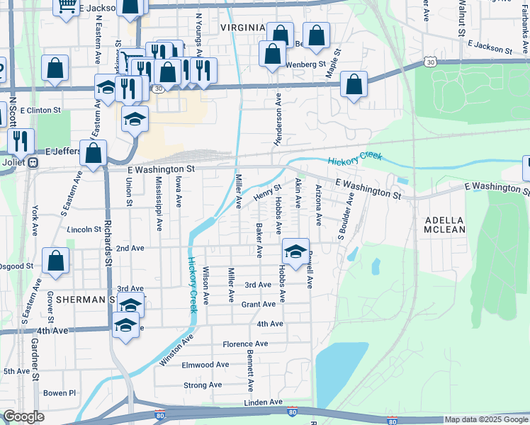 map of restaurants, bars, coffee shops, grocery stores, and more near 652 Henry Street in Joliet