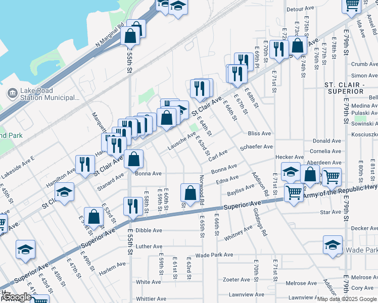 map of restaurants, bars, coffee shops, grocery stores, and more near 1114 East 63rd Street in Cleveland