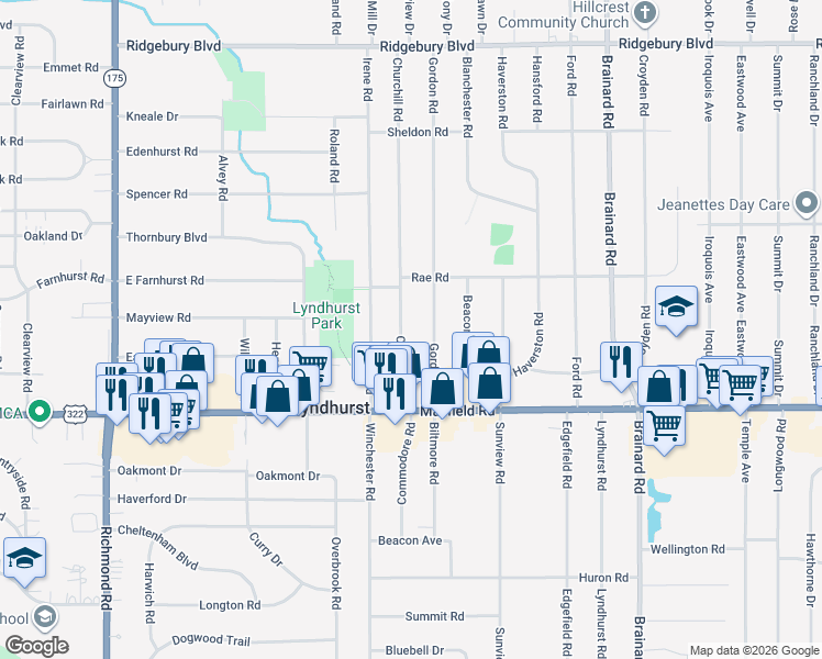 map of restaurants, bars, coffee shops, grocery stores, and more near 1356 Churchill Road in Lyndhurst