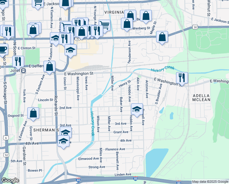 map of restaurants, bars, coffee shops, grocery stores, and more near 100 Miller Avenue in Joliet
