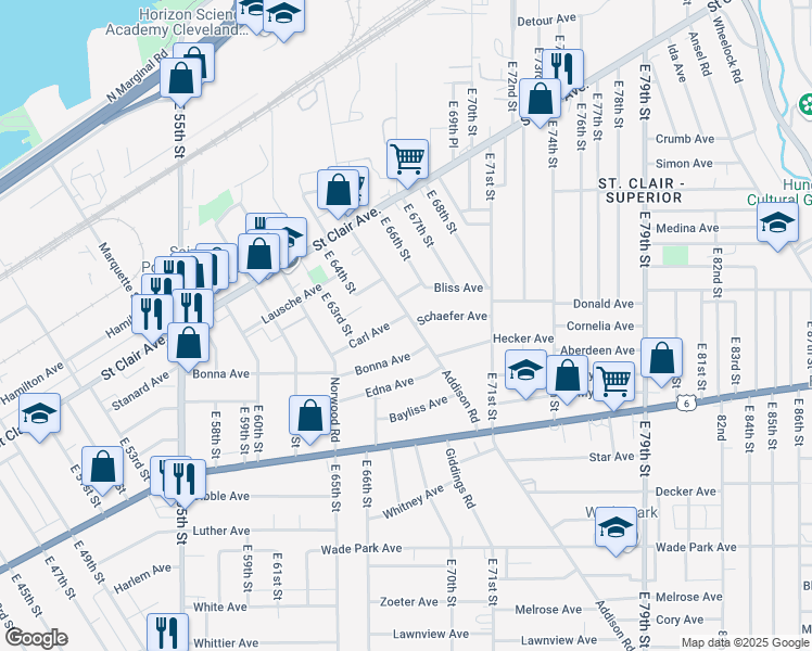 map of restaurants, bars, coffee shops, grocery stores, and more near 1148 Addison Road in Cleveland