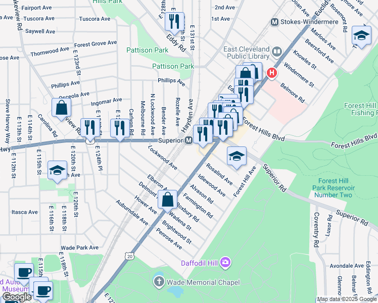 map of restaurants, bars, coffee shops, grocery stores, and more near in East Cleveland