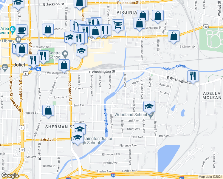map of restaurants, bars, coffee shops, grocery stores, and more near 30 Wilson Avenue in Joliet