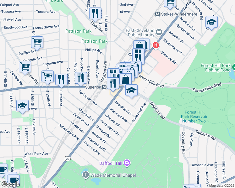 map of restaurants, bars, coffee shops, grocery stores, and more near Euclid Avenue in Cleveland