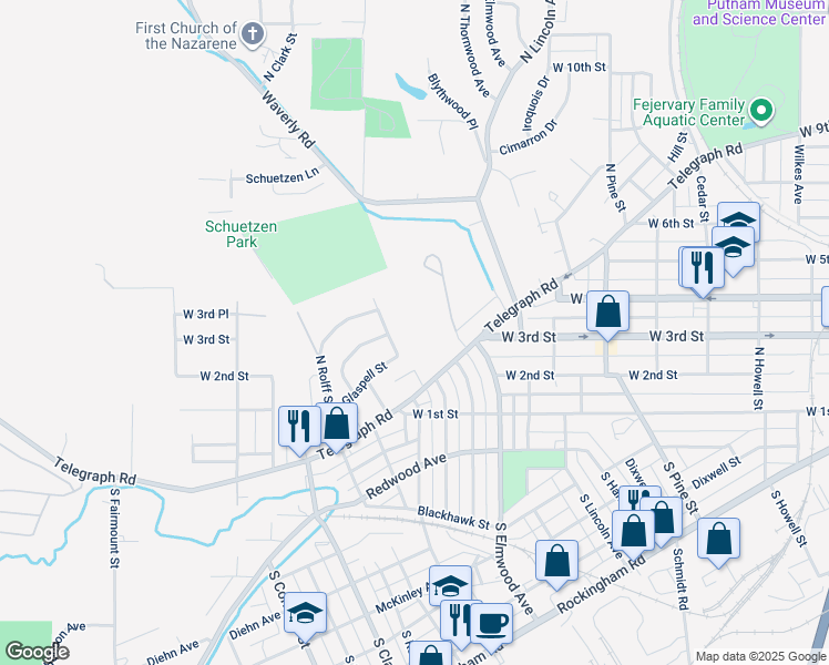 map of restaurants, bars, coffee shops, grocery stores, and more near 2504 Telegraph Road in Davenport