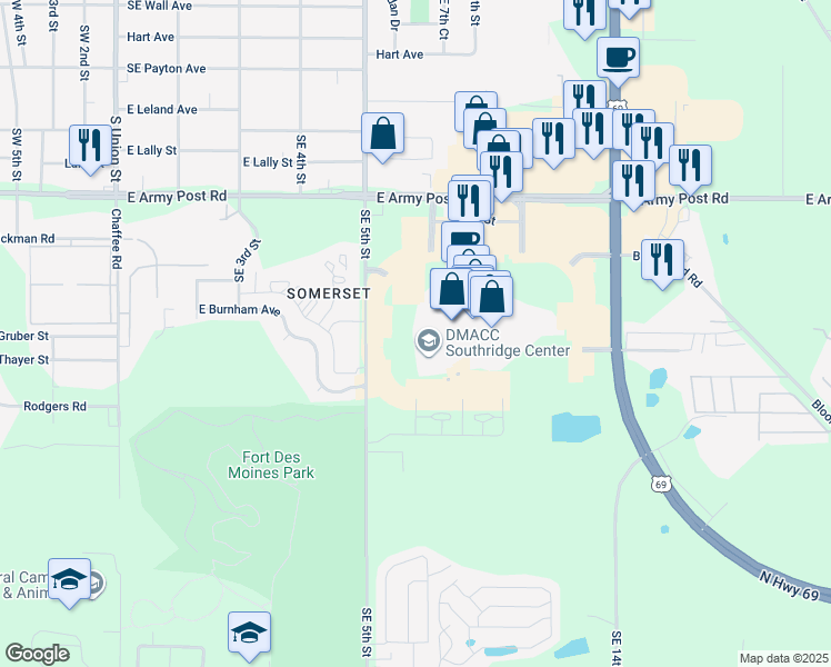 map of restaurants, bars, coffee shops, grocery stores, and more near 6705 Southeast 5th Street in Des Moines