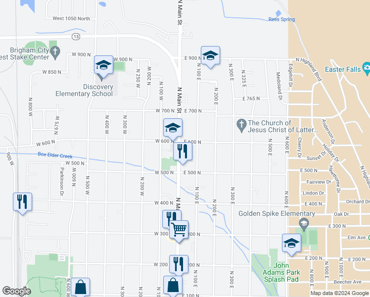 map of restaurants, bars, coffee shops, grocery stores, and more near 604 North Main Street in Brigham City
